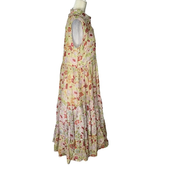 Manoush Floral Yellow Metallic Silver Pastel Ruffle Chiffon Midi Dress - 10 - Picture 9 of 16